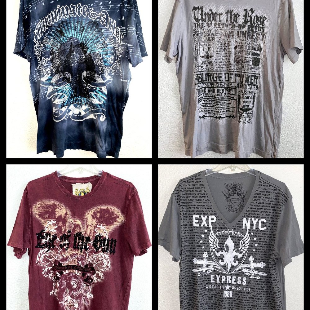 EXPRESS Mens Graphic Tee T Shirt Lot Size L Blue Burgandy Beige Gray